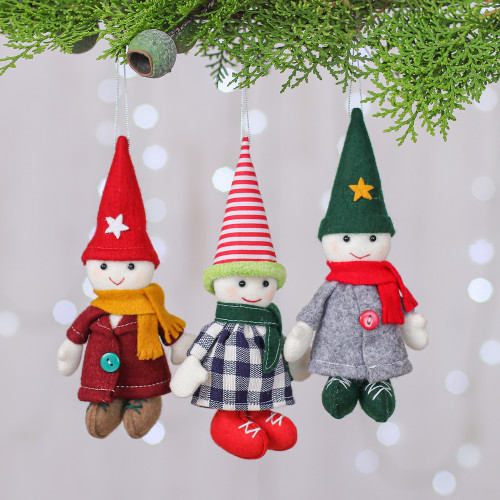 Set of Three Handmade Young Gnome Felt Ornaments 'Festive Gnomes'