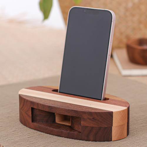 Hand-Carved Oval Brown Teak and Maple Wood Phone Speaker 'Vivacious Sound'
