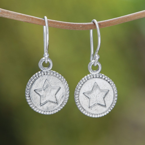 Star-Themed Round Sterling Silver Dangle Earrings from Bali 'Starry Medal'