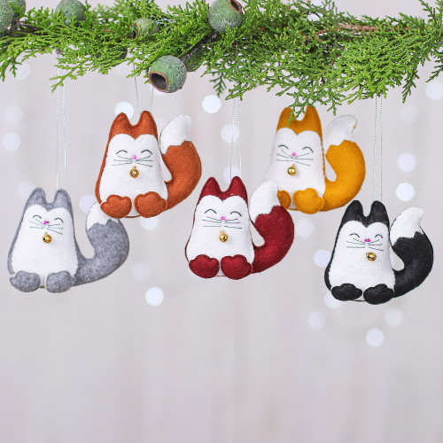 Set of Five Handcrafted Felt Cat Ornaments with Golden Bells 'Colorful Meows'