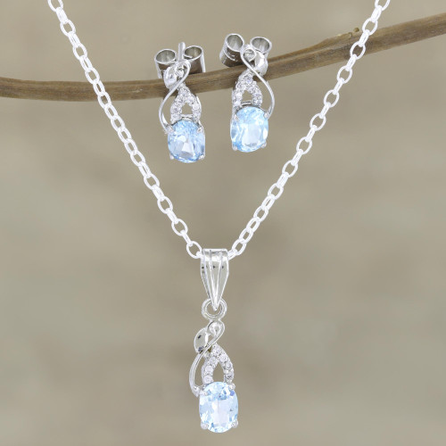 Rhodium-Plated Blue Topaz and Cubic Zirconia Jewelry Set 'Peppy in Blue'