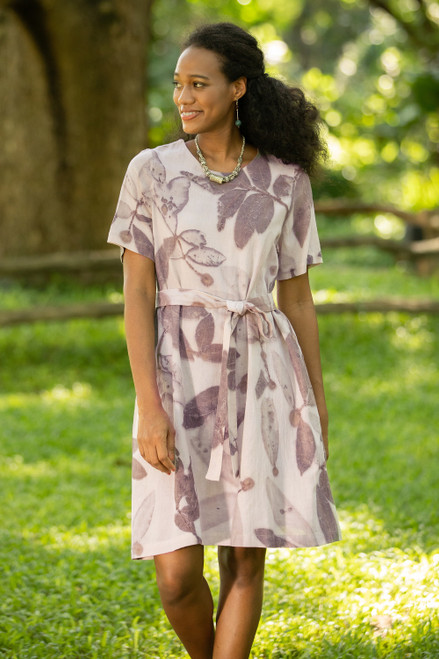 Thai Ouke-Printed Cotton Shift Dress 'Mellow Leaves'