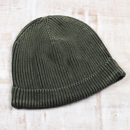 100 Cotton Knitted Hat in Dark Artichoke and Stone Washed 'Classy Olive'