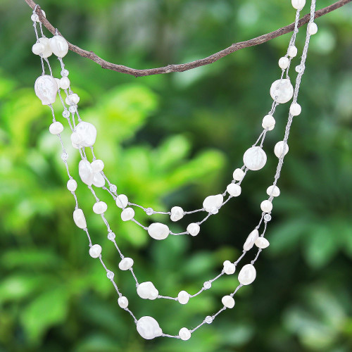 Handmade Cultured Pearl and Glass Beaded Necklace 'Glowing Coins in White'