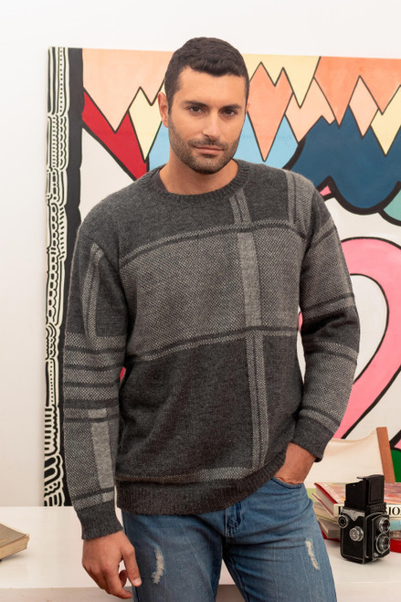 100 Alpaca Men's Pullover Sweater in Tones of Grey 'Modern Tartan'