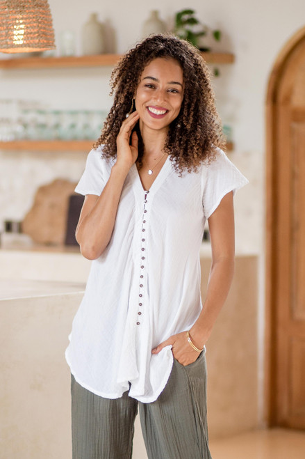 Long Turquoise Blue Cotton Tunic, 'Out of Office in Cyan