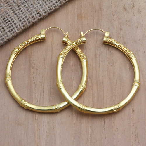 Gold-Plated Bamboo-Inspired Hoop Earrings 'Charming Bamboo'