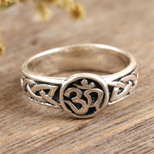 Sterling Silver Band Ring with Om Motif 'Entwined Universe'