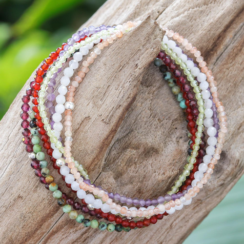 Thai Gemstone Beaded Stretch Bracelets Set of 7 'Lucky Week'