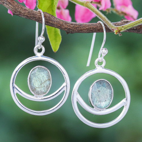 Hand Crafted Labradorite Dangle Earrings 'Grinning Moon in Iridescent'