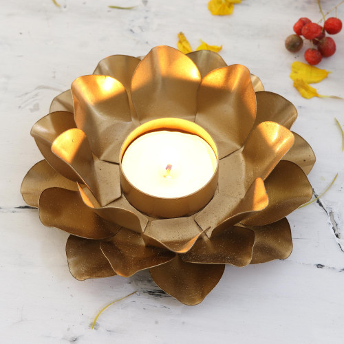 Golden Tealight Candleholder with Lotus Motif 'One More Light'