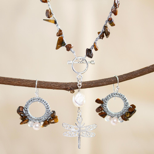 Tiger's Eye and Cultured Pearl Jewelry Set 'Precious Dragonfly'