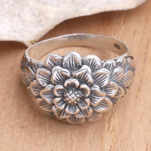 Sterling Silver Domed Ring with Floral Motif 'Bloom of Youth'
