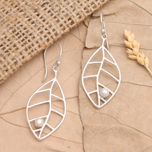 Sterling Silver Leafy Dangle Earrings with Cultured Pearls 'Leafy Innocence'