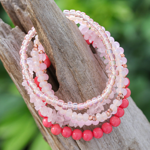 Set of 5 Pink Beaded Stretch Bracelets from Thailand 'Fancy Dream in Pink'