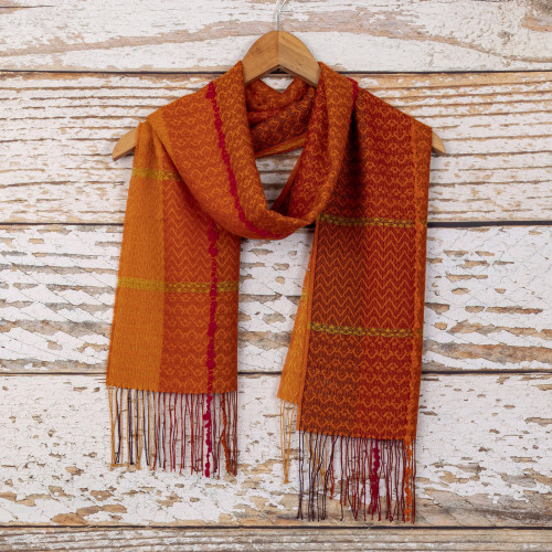 Handloomed Peruvian Baby Alpaca Blend Scarf in Warm Colors 'Sunrise Colors'