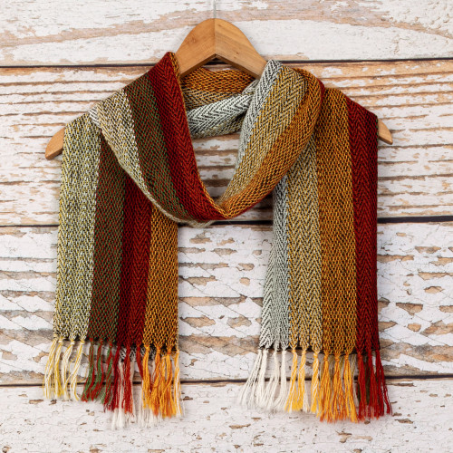 Multicolored Striped Scarf Hand-woven with 100 Alpaca 'Eucalyptus Forest'