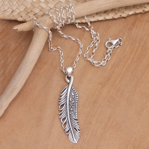 Sterling Silver Feather Pendant Necklace from Bali 'Virtuous Feather'