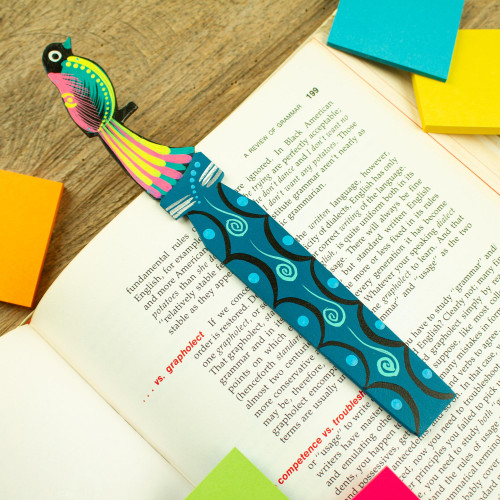 Handmade Mexican Copal Wood Bookmark with Tropical Bird 'Reading Bird'