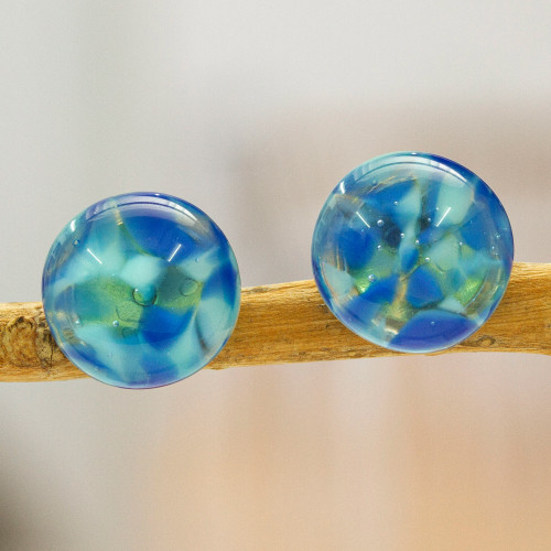 Blue Fused Glass Mosaic Button Earrings from Mexico 'Blue Textures'