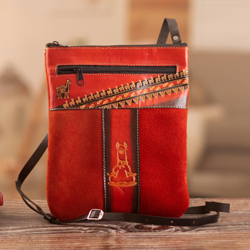 Leather Accented Suede Sling with Llama Motifs and Warm Hues 'Fire Llama'