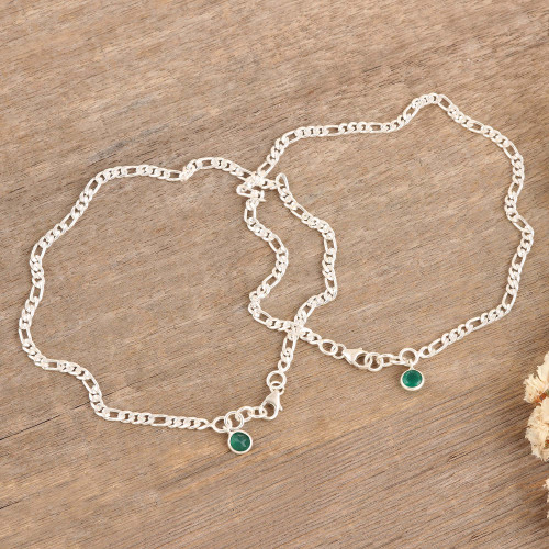 Pair of Green Onyx Sterling Silver Anklets from India 'Green Nobility'