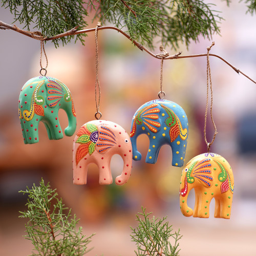 Handcrafted Multicolor Elephant Wood Ornaments Set of 4 'Sweet Trunks'