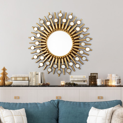 Wood Sun Wall Mirror with Bronze and Glass Accents 'Ethereal Sunshine'