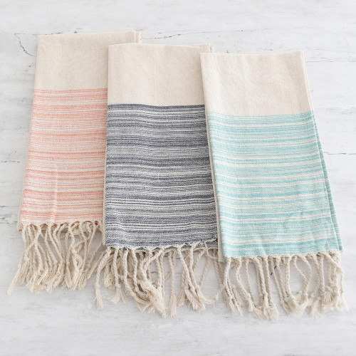 Set of Three Striped Cotton Dish Towels with Fringes 'Serene Sensations'