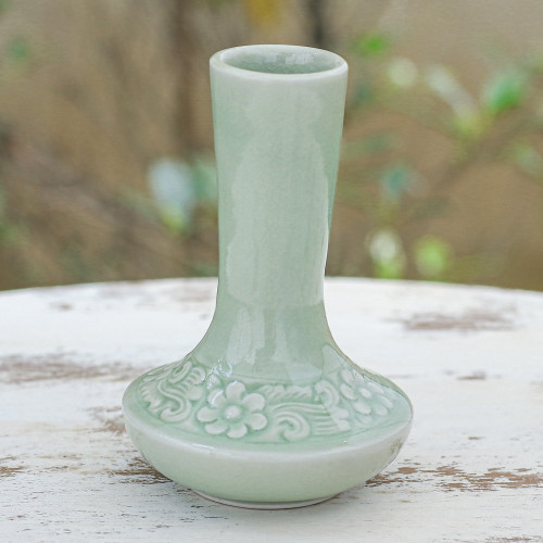Handmade Celadon Ceramic Vase with Floral Motif in Green 'In Bloom'