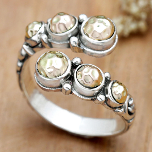 Sterling Silver Wrap Ring with 18k Gold Accents Made in Bali 'Shiny Gravel'