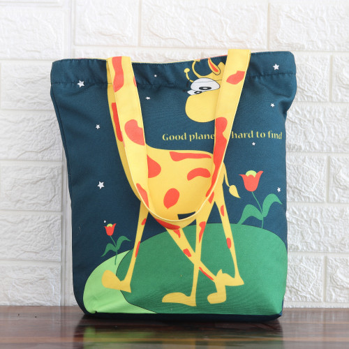 Cotton Tote Bag with Printed Giraffe Motif Made in India 'Life on Planet'