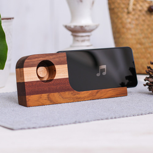 Handcrafted Teak Wood Smartphone Speaker with Brown Stripes 'Wooden Sounds'