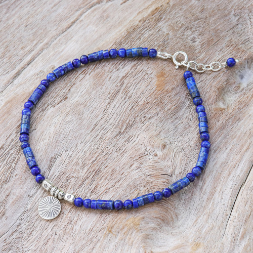 Natural Lapis Lazuli Beaded Anklet with Silver Charm 'True Charm'