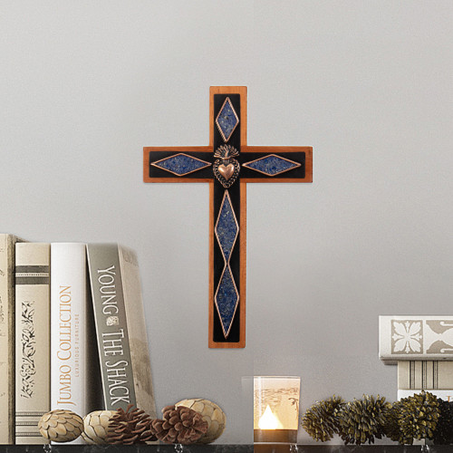 Copper and Bronze Wood Wall Cross with Sodalite Accents 'Heroism Cross'