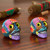 Hand-Painted Ceramic Skull Figurines from Mexico Pair 'Day of the Dead Color'