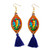 Handcrafted Frida Kahlo Wood Dangle Earrings Blue Tassels 'Frida with Roses'