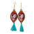 Handcrafted Frida Kahlo Wood Dangle Earrings Aqua Tassels 'Brilliant Frida'