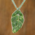 Dark Green Art Glass Leaf Pendant Necklace with Braided Cord 'Green Rain Forest Drop'