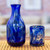 Cobalt Handblown Recycled Glass Carafe and Cup Set Pair 'Cobalt Allure'