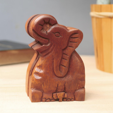 Elephant-Themed Wood Mini Jewelry Box from Bali - Sumatran