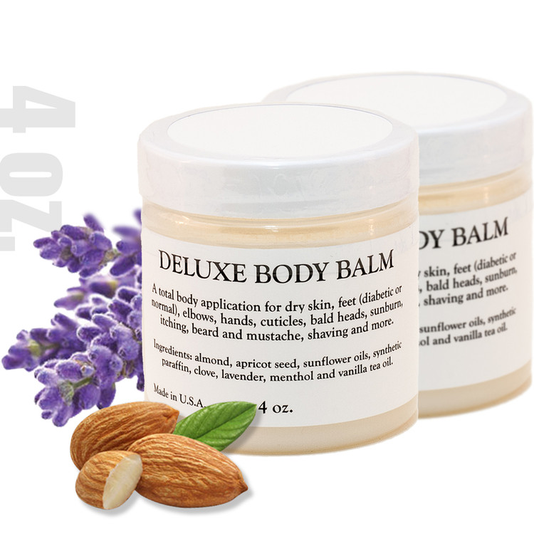 DELUXE BODY BALM 4 0z. - 2 PACK
A multi-use solution of base and essential oils designed to condition and moisturize dry skin, feet (diabetic or normal) elbows, hands, cuticles, bald head, sunburn, itching, beard and mustache, shaving and more.