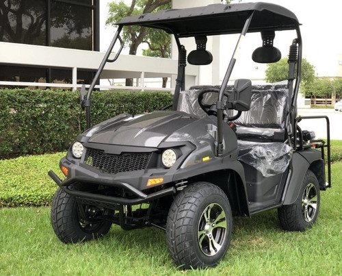 Carbon Fiber - Fully Loaded Cazador OUTFITTER 200 Golf Cart 4 Seater UTV (FRONT LEFT VIEW) Carbon Fiber - Fully Loaded Cazador OUTFITTER 200 Golf Cart 4 Seater UTV (FRONT LEFT VIEW)