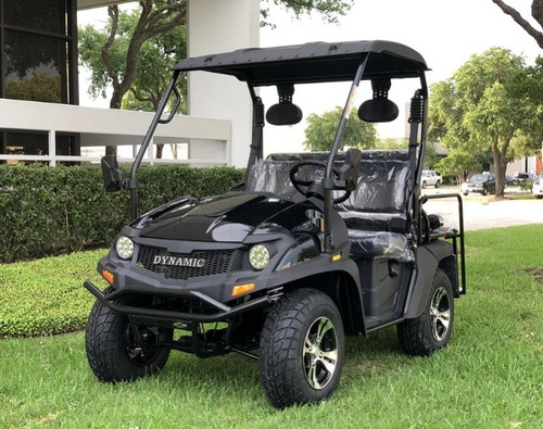 Black - Fully Loaded Cazador OUTFITTER 200 Golf Cart 4 Seater UTV (FRONT LEFT VIEW) Black - Fully Loaded Cazador OUTFITTER 200 Golf Cart 4 Seater UTV (FRONT LEFT VIEW)