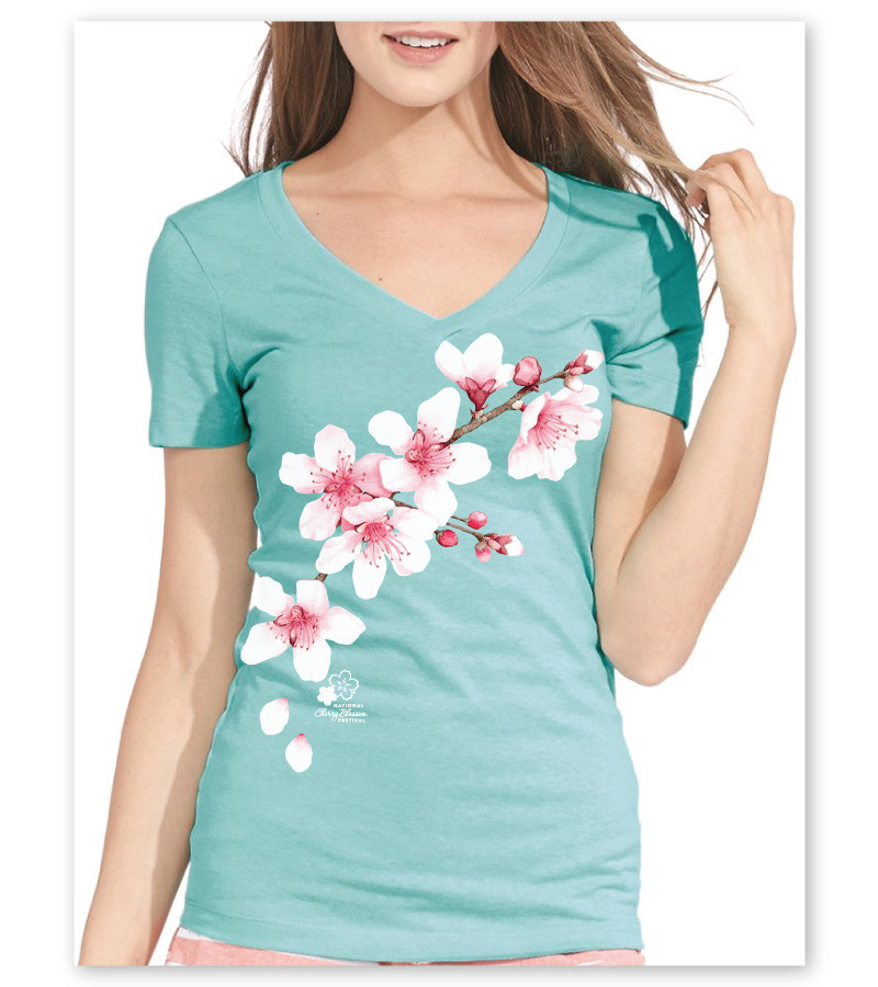 Cherry Blossom Clouds Ladies V-Neck Mint - Logo Vision, LLC
