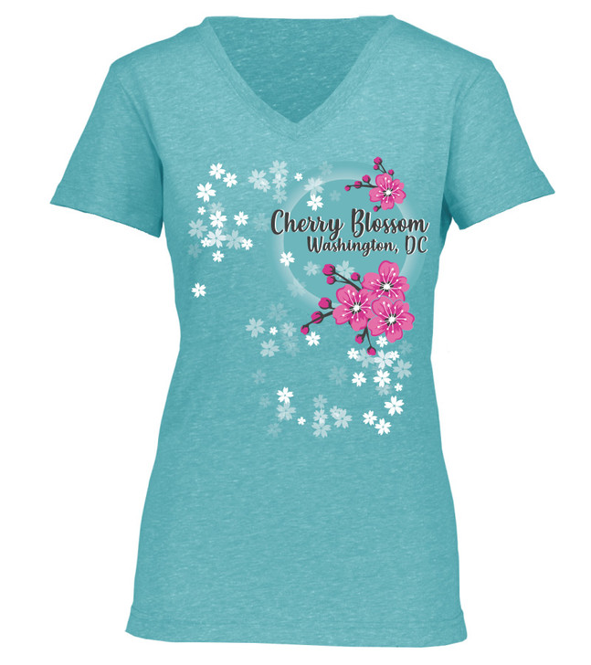 National Cherry Blossom Festival Cherry Buds with Sun Ladies V-Neck Tee 