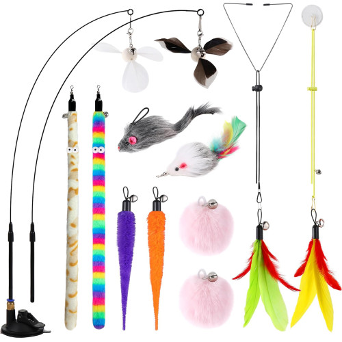 URRU 4-in-1 Interactive Cat Feather Toys,12Pcs Durable Teaser Cat Toy Replacements,Enhanced Suction Cup Cats Wand Toy,2 Types Door Hanging Cat String Toys for Indoor Kitten URRU 4-in-1 Interactive Cat Feather Toys,12Pcs Durable Teaser Cat Toy Replacements,Enhanced Suction Cup Cats Wand Toy,2 Types Door Hanging Cat String Toys for Indoor Kitten
