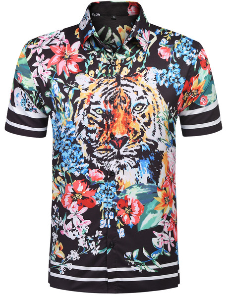 URRU Men's Casual Tiger Floral Printed Hawaiian Shirts Short Sleeve Button Down Aloha Summer Tops S-XXL