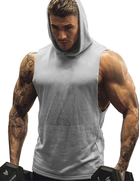URRU Men's Hooded Tank Tops Workout Sleeveless Muscle Shirt With Kanga Pocket S-XXL