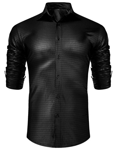 URRU Men's Metallic Shiny Nightclub Elastic Slim Fit Long Sleeve Button Down Sequins Shirt for 70s Disco Party S-XXL